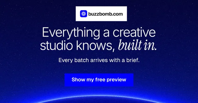 Social ad for BuzzBomb: "Everything a creative studio knows, built in." Swiss style, centred layout, dark palette in blue.