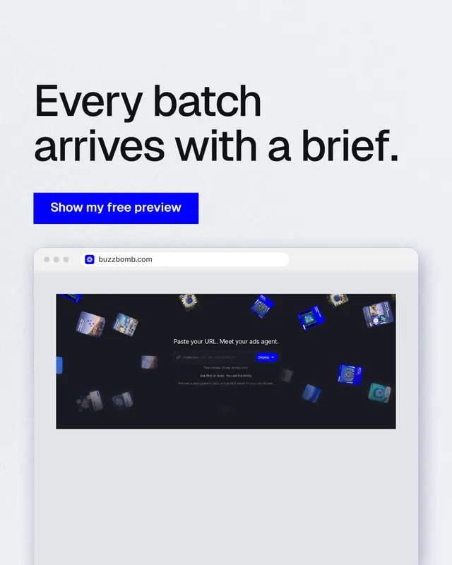 Instagram portrait post for BuzzBomb: "Every batch arrives with a brief." Swiss style, browser layout, light palette in white, blue, grey.