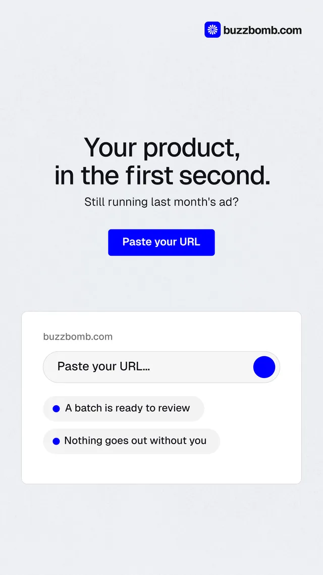 Instagram story for BuzzBomb: "Your product, in the first second." Data card style, centred layout, light palette in white, blue.