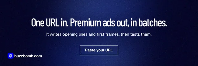 X header for BuzzBomb: "One URL in. Premium ads out, in batches." Dark deco style, centred layout, dark palette in blue, black.