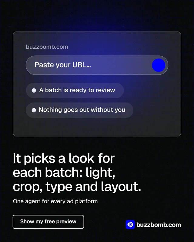 Instagram portrait post for BuzzBomb: "It picks a look for each batch: light, crop, type and layout." Phosphor atlas style, bottom layout, dark palette in blue, black, grey.