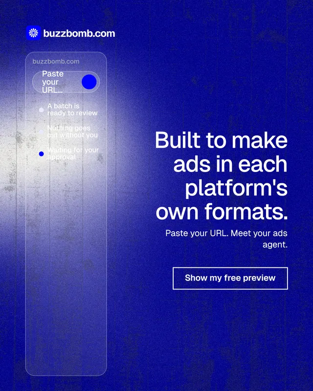 Instagram portrait post for BuzzBomb: "Built to make ads in each platform's own formats." Cyanotype style, right layout, dark palette in blue.