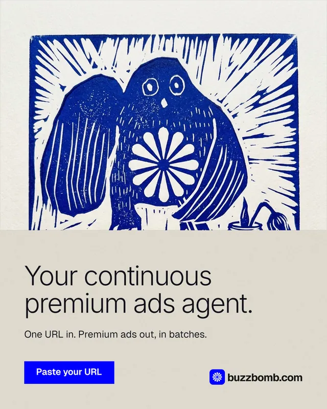 Instagram portrait post for BuzzBomb: "Your continuous premium ads agent." Swiss style, bottom layout, light palette in yellow, blue, white.