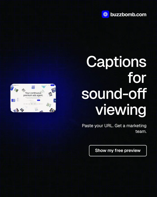 Instagram portrait post for BuzzBomb: "Captions for sound-off viewing". Phosphor atlas style, right layout, dark palette in black, grey.