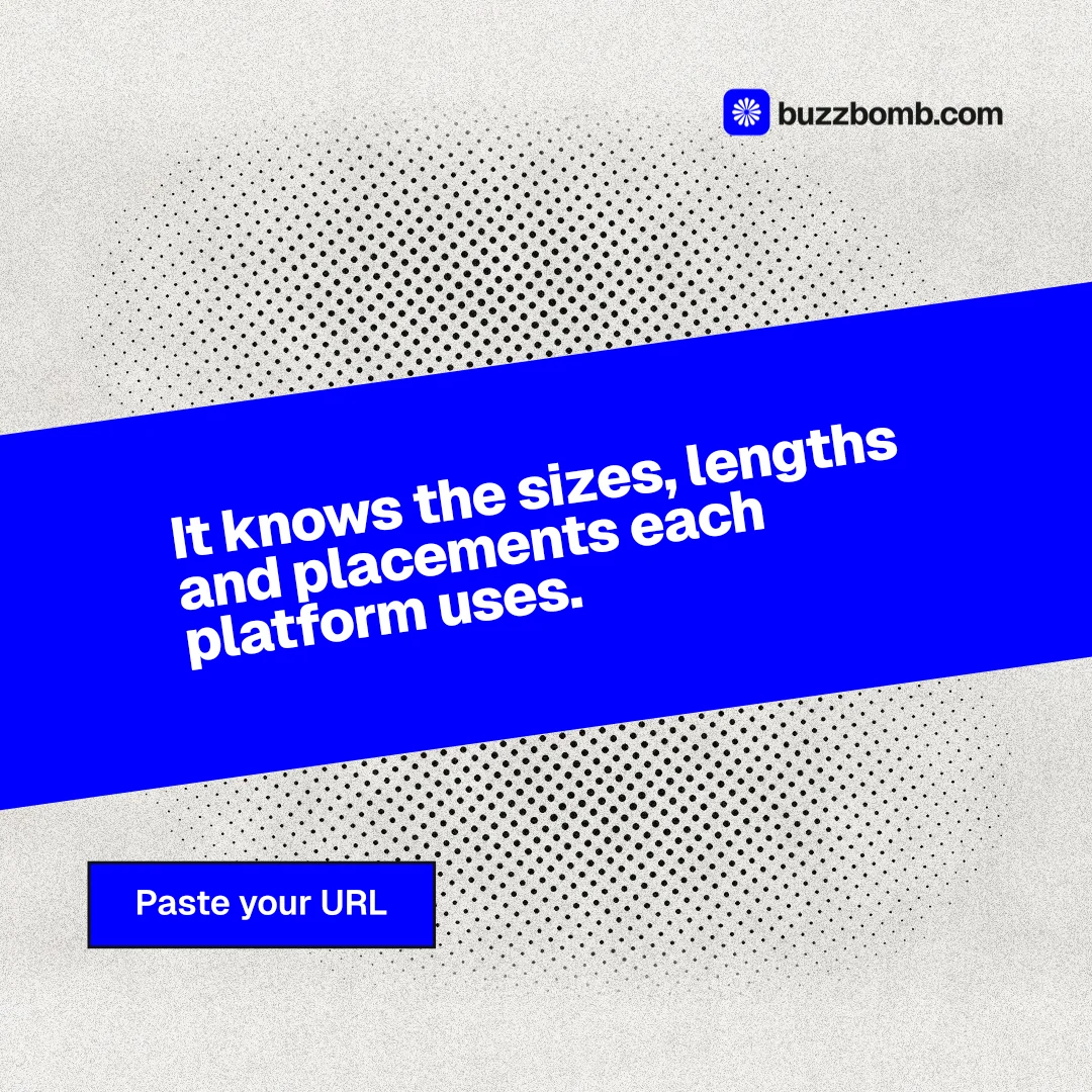 Instagram post for BuzzBomb: "It knows the sizes, lengths and placements each platform uses." Ink sticker style, diagonal layout, light palette in blue, white.