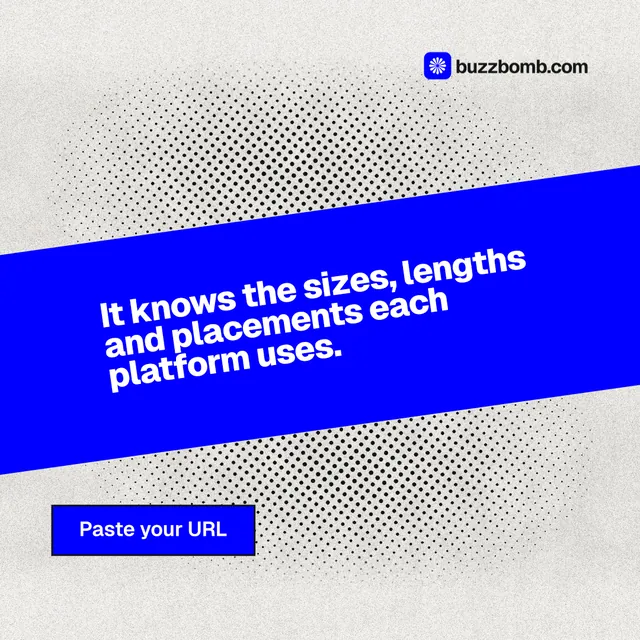 Instagram post for BuzzBomb: "It knows the sizes, lengths and placements each platform uses." Ink sticker style, diagonal layout, light palette in blue, white.