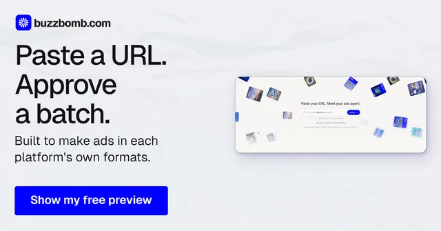 Social ad for BuzzBomb: "Paste a URL. Approve a batch." Data card style, bottom layout, light palette in white, blue.