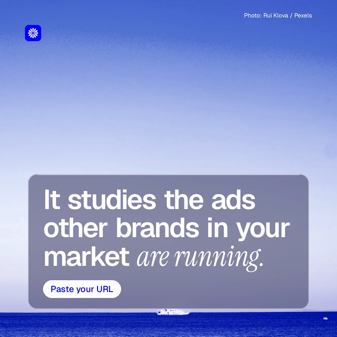 Instagram post for BuzzBomb: "It studies the ads other brands in your market are running." Glass style, technique:pexels ingredient layout, light palette in blue.