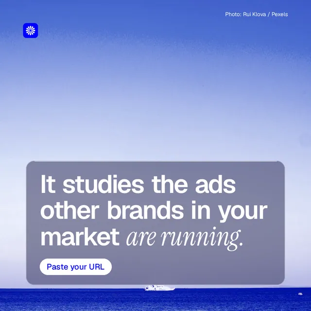 Instagram post for BuzzBomb: "It studies the ads other brands in your market are running." Glass style, technique:pexels ingredient layout, light palette in blue.