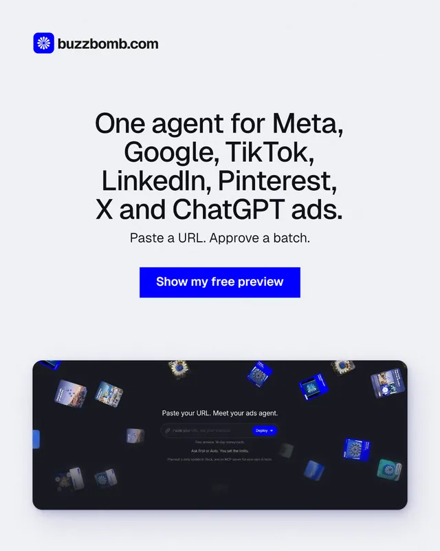 Instagram portrait post for BuzzBomb: "One agent for Meta, Google, TikTok, LinkedIn, Pinterest, X and ChatGPT ads." Swiss style, centred layout, light palette in white, blue, grey.