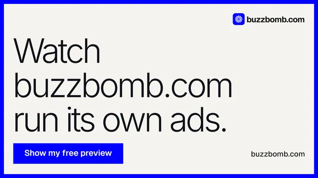 Landscape graphic for BuzzBomb: "Watch buzzbomb.com run its own ads." Swiss style, poster layout, light palette in white, blue.