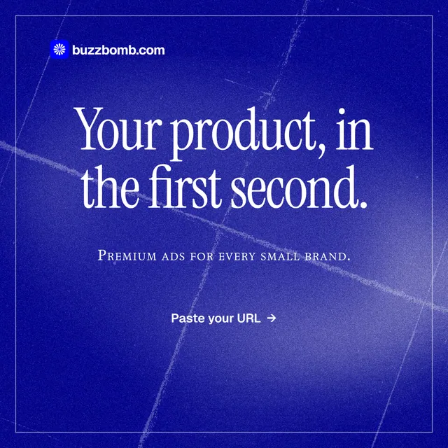 Instagram post for BuzzBomb: "Your product, in the first second." Editorial style, smallcaps layout, dark palette in blue.