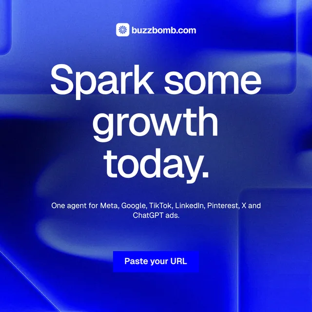 Instagram post for BuzzBomb: "Spark some growth today." Swiss style, centred layout, dark palette in blue.