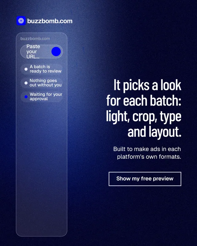 Instagram portrait post for BuzzBomb: "It picks a look for each batch: light, crop, type and layout." Dark deco style, right layout, dark palette in black, blue.