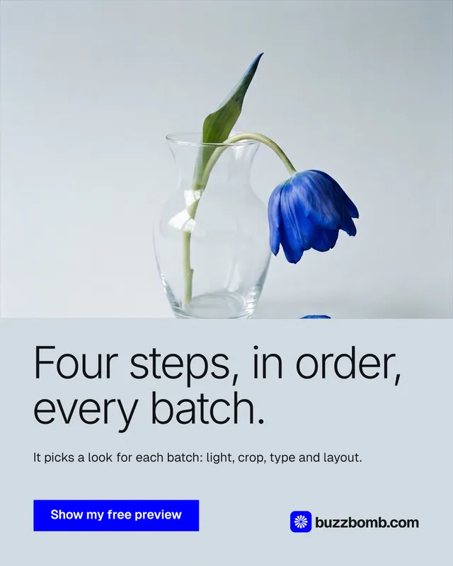 Instagram portrait post for BuzzBomb: "Four steps, in order, every batch." Swiss style, bottom layout, light palette in white, blue.