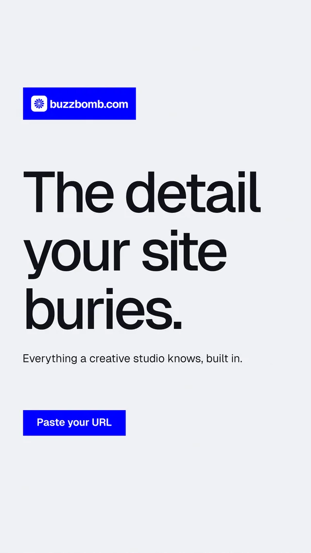Instagram story for BuzzBomb: "The detail your site buries." Swiss style, announce layout, light palette in white, blue.