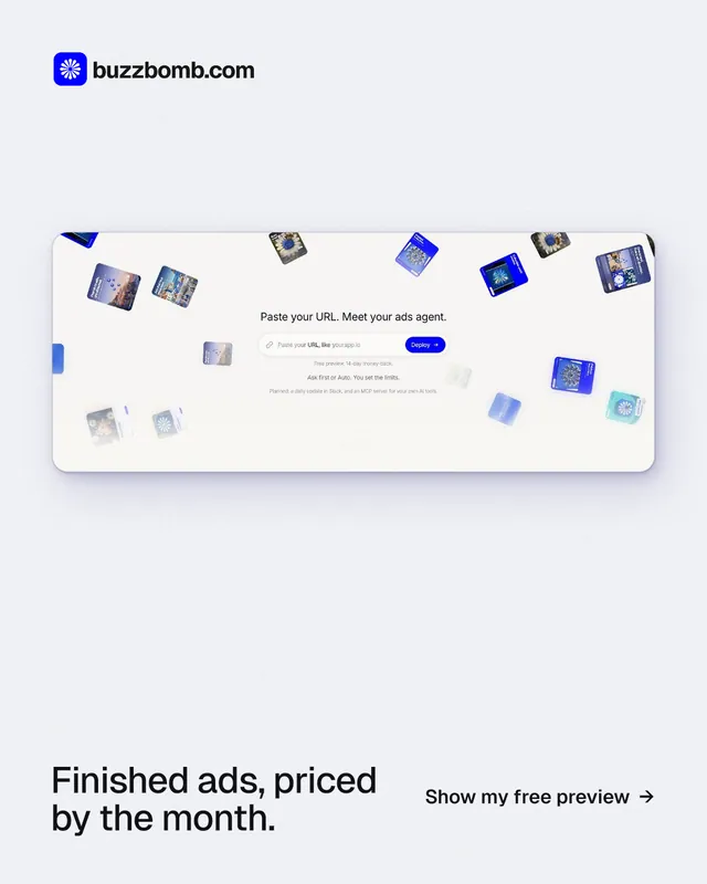 Instagram portrait post for BuzzBomb: "Finished ads, priced by the month." Swiss style, image led layout, light palette in white.