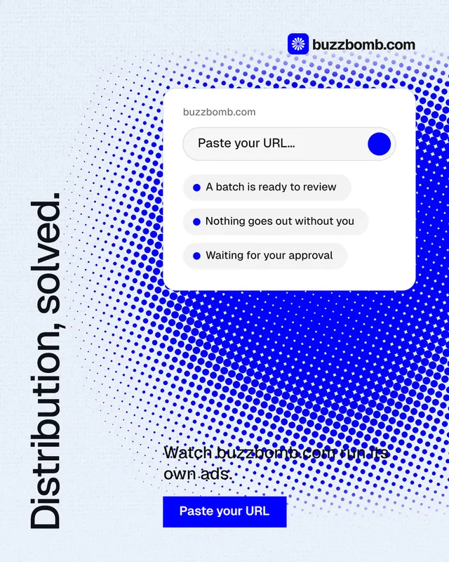 Instagram portrait post for BuzzBomb: "Distribution, solved." Swiss style, vertical layout, light palette in white, blue.