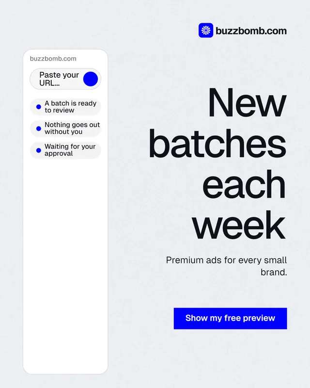 Instagram portrait post for BuzzBomb: "New batches each week". Swiss style, right layout, light palette in white, blue.