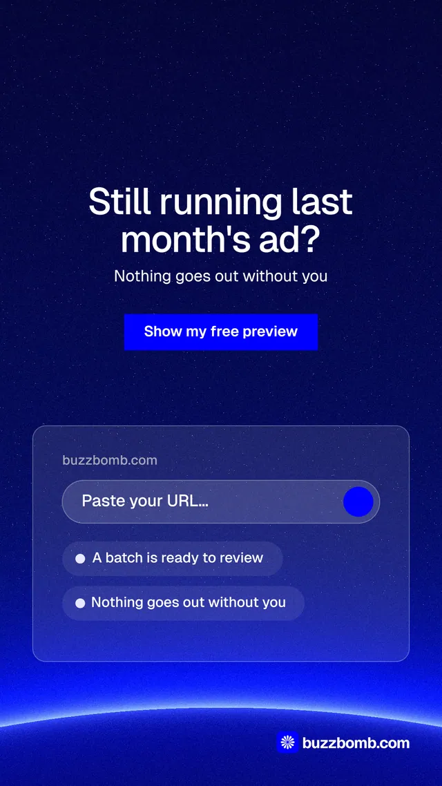 Instagram story for BuzzBomb: "Still running last month's ad?" Swiss style, centred layout, dark palette in blue.
