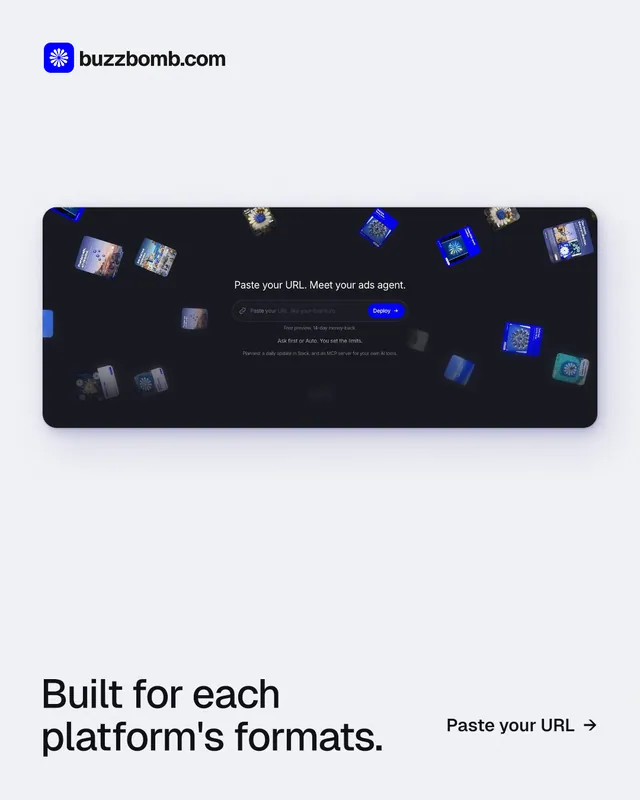 Instagram portrait post for BuzzBomb: "Built for each platform's formats." Data card style, image led layout, light palette in white, grey.