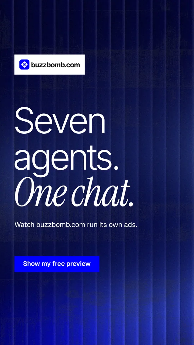 Instagram story for BuzzBomb: "Seven agents. One chat." Swiss style, announce layout, dark palette in blue.