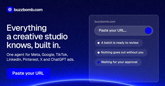 Social ad for BuzzBomb: "Everything a creative studio knows, built in." Swiss style, bottom layout, dark palette in blue.