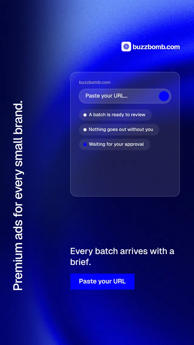 Instagram story for BuzzBomb: "Premium ads for every small brand." Swiss style, vertical layout, dark palette in blue.