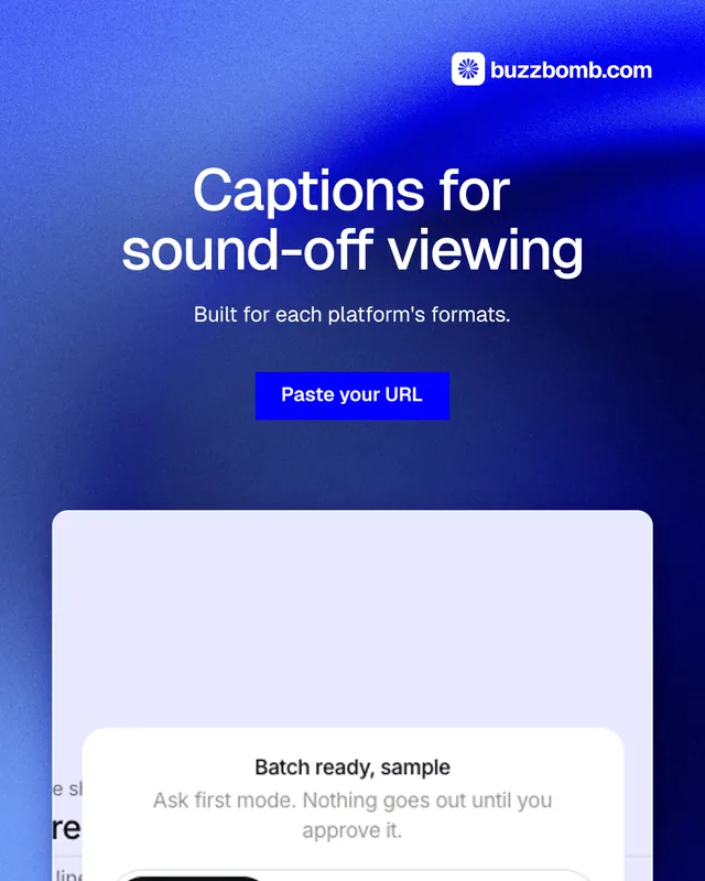 Instagram portrait post for BuzzBomb: "Captions for sound-off viewing". Swiss style, centred layout, light palette in blue, white.