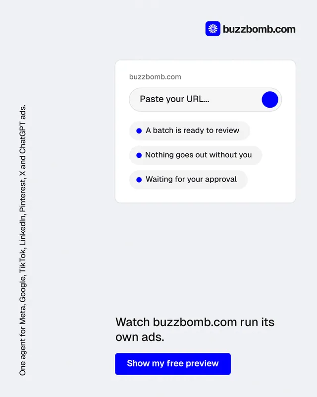 Instagram portrait post for BuzzBomb: "One agent for Meta, Google, TikTok, LinkedIn, Pinterest, X and ChatGPT ads." Data card style, vertical layout, light palette in white, blue.