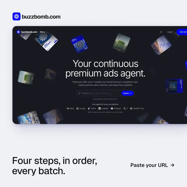Instagram post for BuzzBomb: "Four steps, in order, every batch." Data card style, image led layout, light palette in white, black, grey.