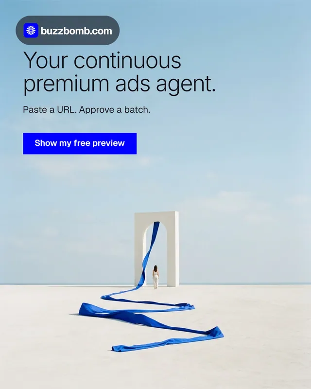 Instagram portrait post for BuzzBomb: "Your continuous premium ads agent." Swiss style, bottom layout, light palette in blue, white.