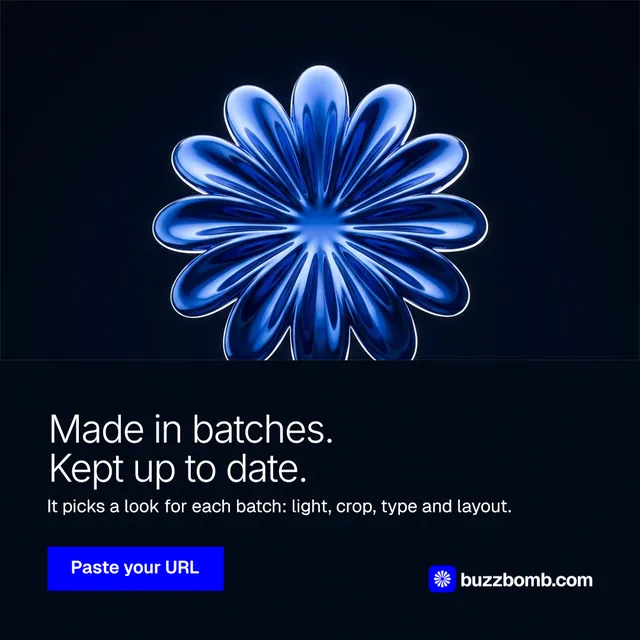 Instagram post for BuzzBomb: "Made in batches. Kept up to date." Swiss style, bottom layout, dark palette in black, blue.