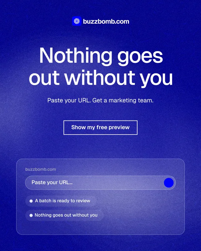 Instagram portrait post for BuzzBomb: "Nothing goes out without you". Cyanotype style, centred layout, dark palette in blue.