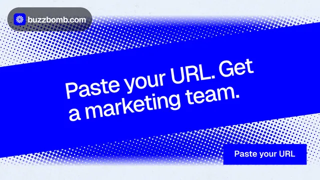 Landscape graphic for BuzzBomb: "Paste your URL. Get a marketing team." Swiss style, diagonal layout, dark palette in blue, white.