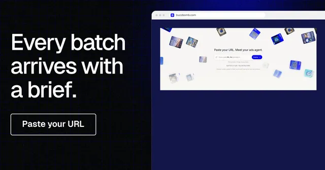 Social ad for BuzzBomb: "Every batch arrives with a brief." Phosphor atlas style, browser layout, dark palette in blue, black, white.