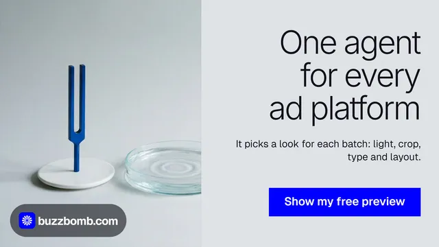 Landscape graphic for BuzzBomb: "One agent for every ad platform". Swiss style, right layout, light palette in white, grey, blue.