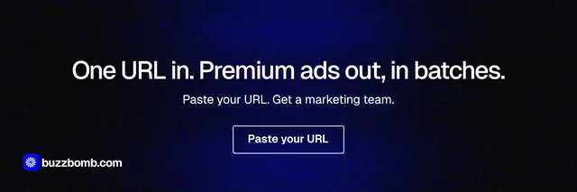 X header for BuzzBomb: "One URL in. Premium ads out, in batches." Phosphor atlas style, centred layout, dark palette in black, blue.