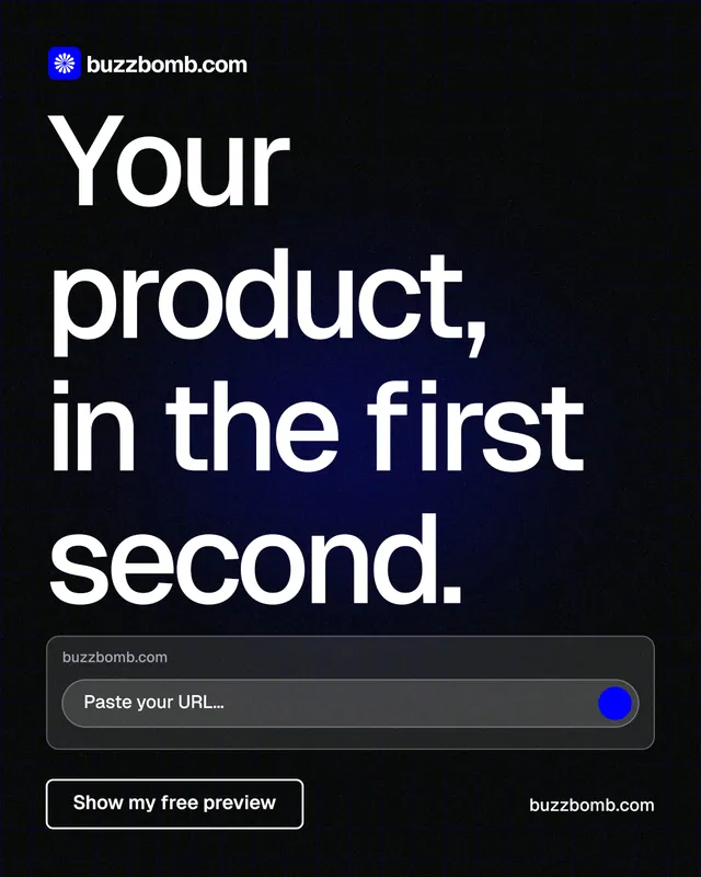 Instagram portrait post for BuzzBomb: "Your product, in the first second." Phosphor atlas style, poster layout, dark palette in black, grey.