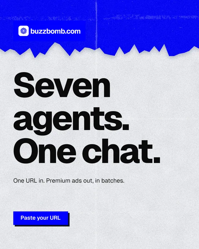 Instagram portrait post for BuzzBomb: "Seven agents. One chat." Paper trio style, announce layout, light palette in blue, white, grey.