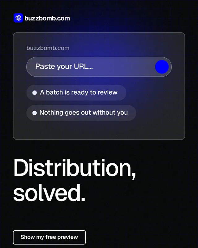 Instagram portrait post for BuzzBomb: "Distribution, solved." Phosphor atlas style, bottom layout, dark palette in black, blue.