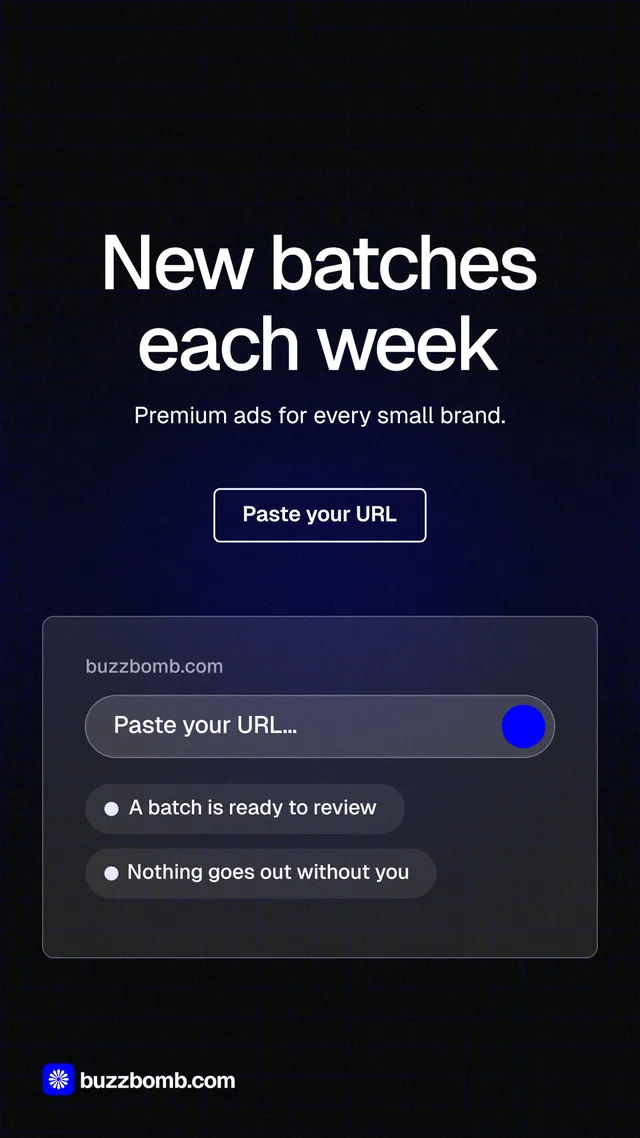 Instagram story for BuzzBomb: "New batches each week". Phosphor atlas style, centred layout, dark palette in black, blue, grey.