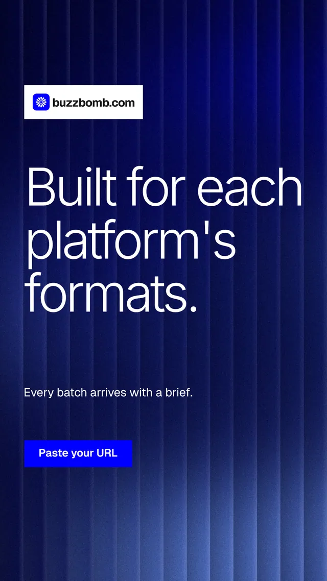 Instagram story for BuzzBomb: "Built for each platform's formats." Swiss style, announce layout, dark palette in blue.