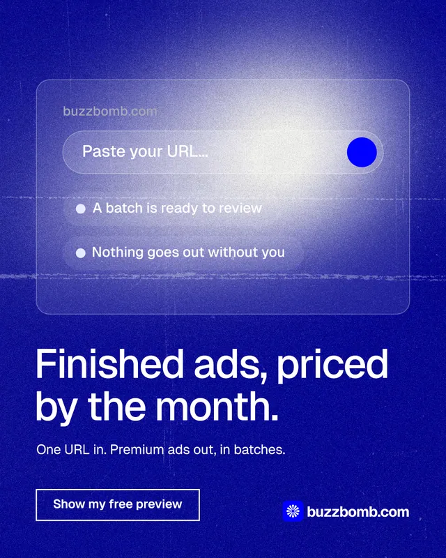 Instagram portrait post for BuzzBomb: "Finished ads, priced by the month." Cyanotype style, bottom layout, dark palette in blue.