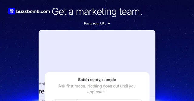 Social ad for BuzzBomb: "Get a marketing team." Swiss style, ogui layout, light palette in blue, white.
