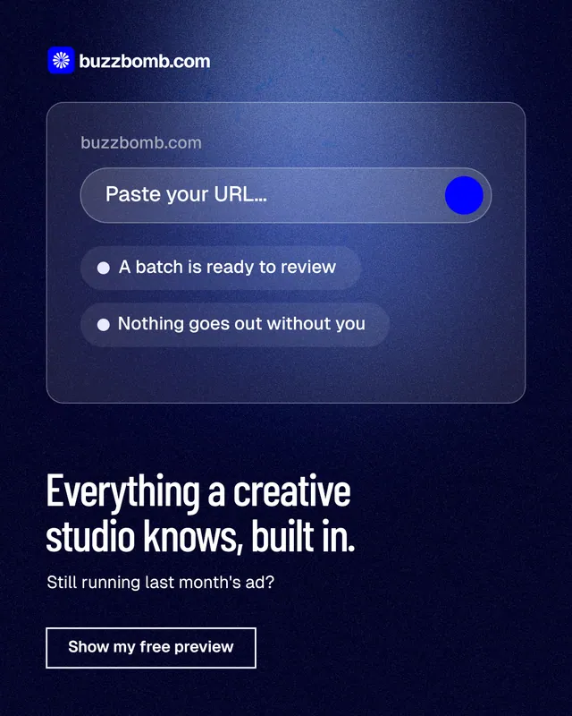 Instagram portrait post for BuzzBomb: "Everything a creative studio knows, built in." Dark deco style, bottom layout, dark palette in blue, black.