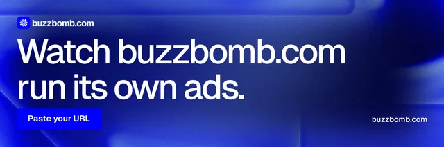 X header for BuzzBomb: "Watch buzzbomb.com run its own ads." Swiss style, poster layout, dark palette in blue.