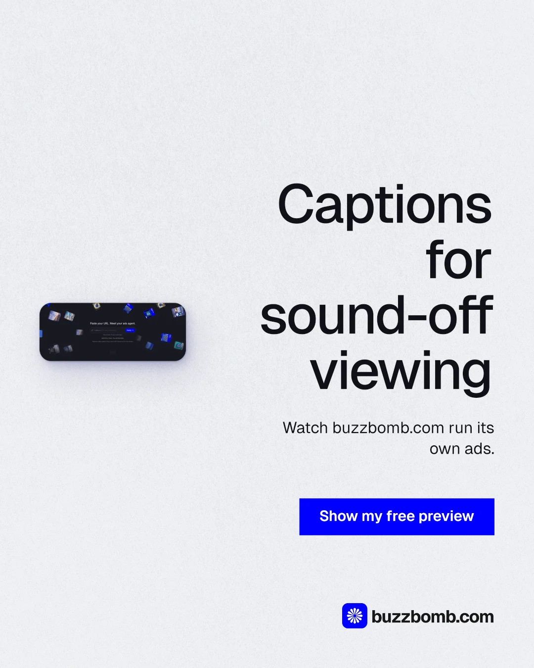 Instagram portrait post for BuzzBomb: "Captions for sound-off viewing". Swiss style, right layout, light palette in white, blue.