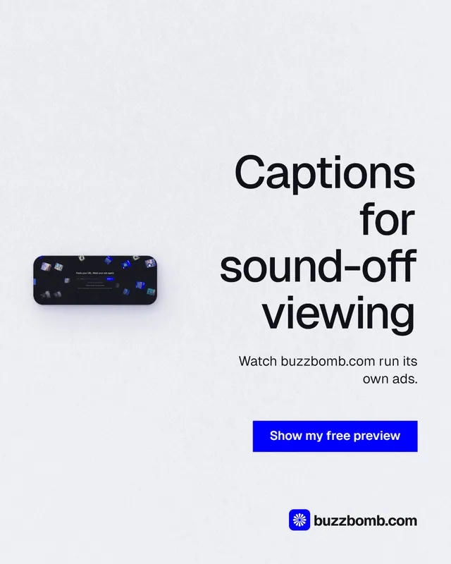 Instagram portrait post for BuzzBomb: "Captions for sound-off viewing". Swiss style, right layout, light palette in white, blue.