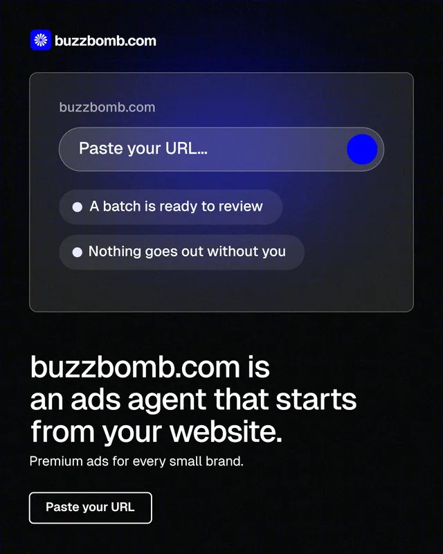 Instagram portrait post for BuzzBomb: "buzzbomb.com is an ads agent that starts from your website." Phosphor atlas style, bottom layout, dark palette in black, blue, grey.